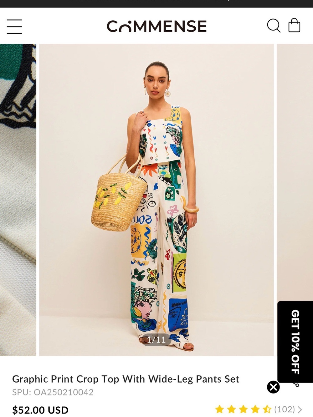 Commense Multicolor Graphic Crop Top & Wide-Leg Pants Set
